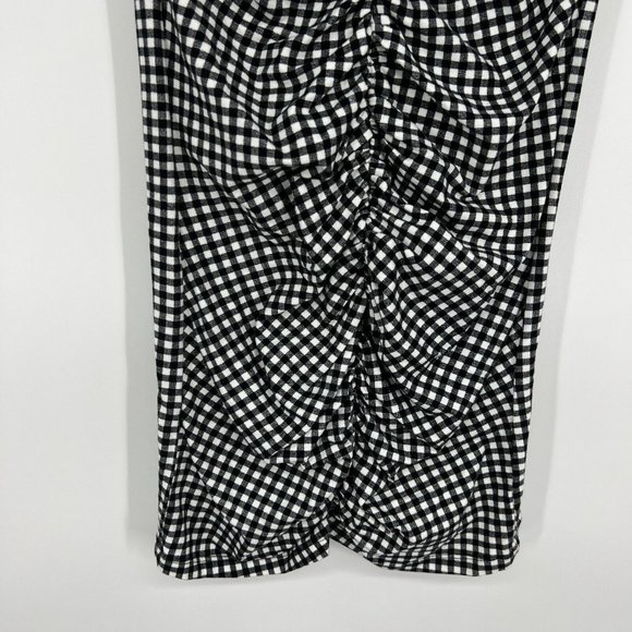 Forever 21 Dress Black White Gingham Ruched Mini Short Sleeve VNeck - Picture 7 of 12